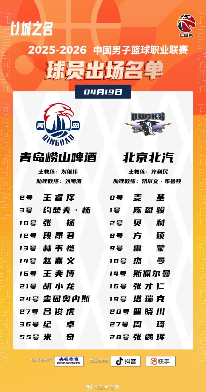 乐鱼leyu体育-青岛VS北京大名单：基诺内斯将迎首秀 麦基&amp;周琦出战 范子铭轮休